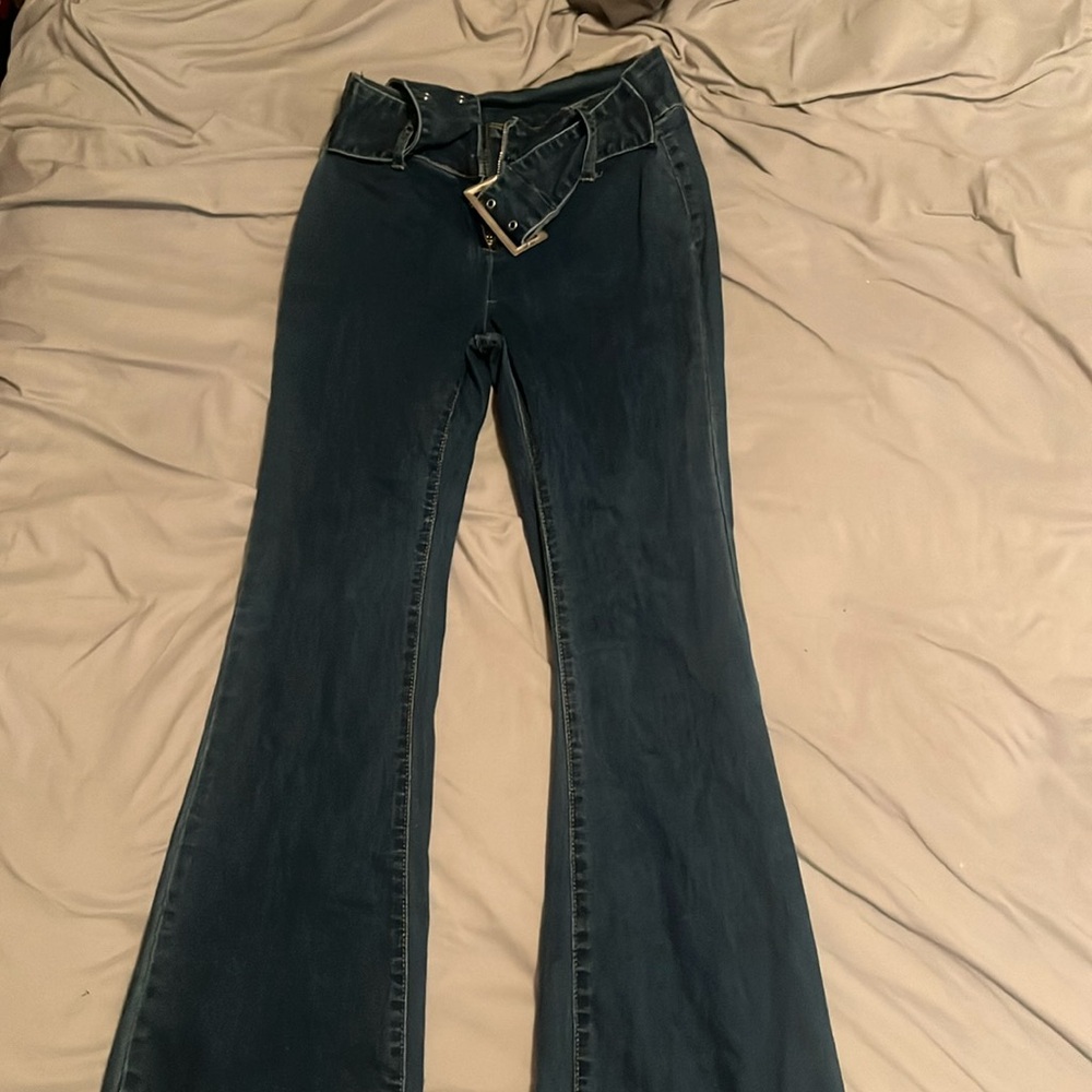 Flare Bottom Blue Jeans With Attached Belt
